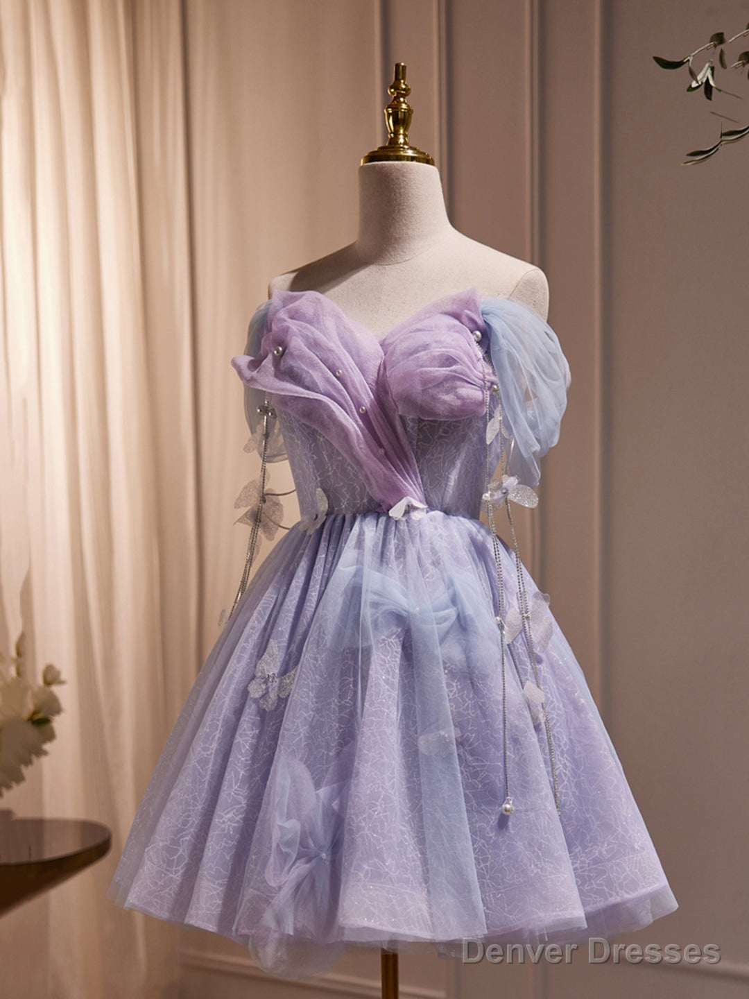 Purple Tulle Knee Length Birthday Party Formal Dress, Off the Shoulder Purple Prom Dress Main image
