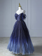 Blue Gradient Tulle Long Prom Dress, Beautiful Spaghetti Strap Evening Party Dress