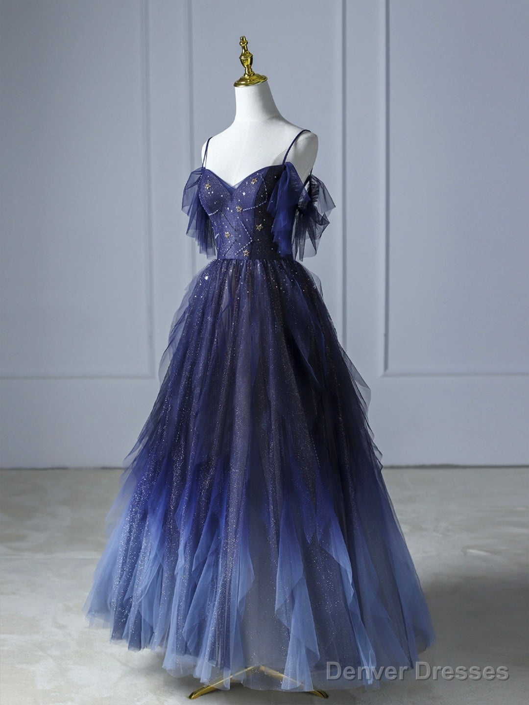 Blue Gradient Tulle Long Prom Dress, Beautiful Spaghetti Strap Evening Party Dress