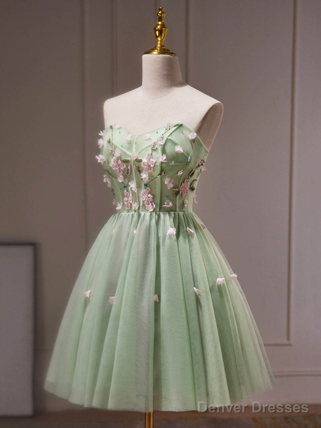 Green Tulle Beaded Party Dress, Green Short Prom Dress with Flowers Main image