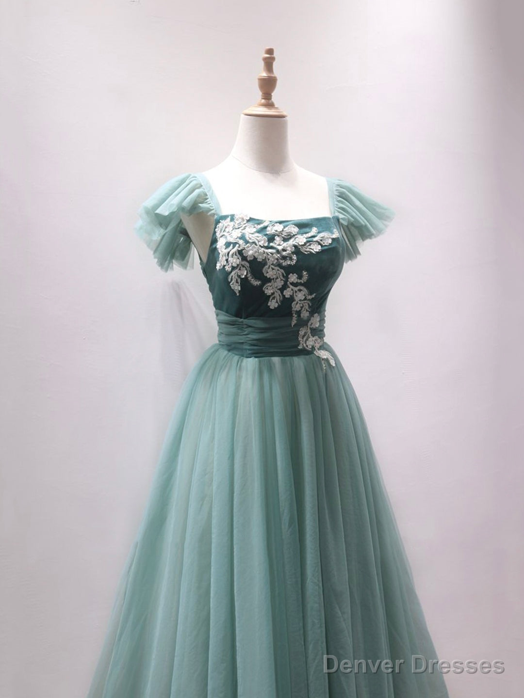 Green Velvet Tulle Tea Length Prom Dress, Cute A-Line Party Dress with Lace Secondary image