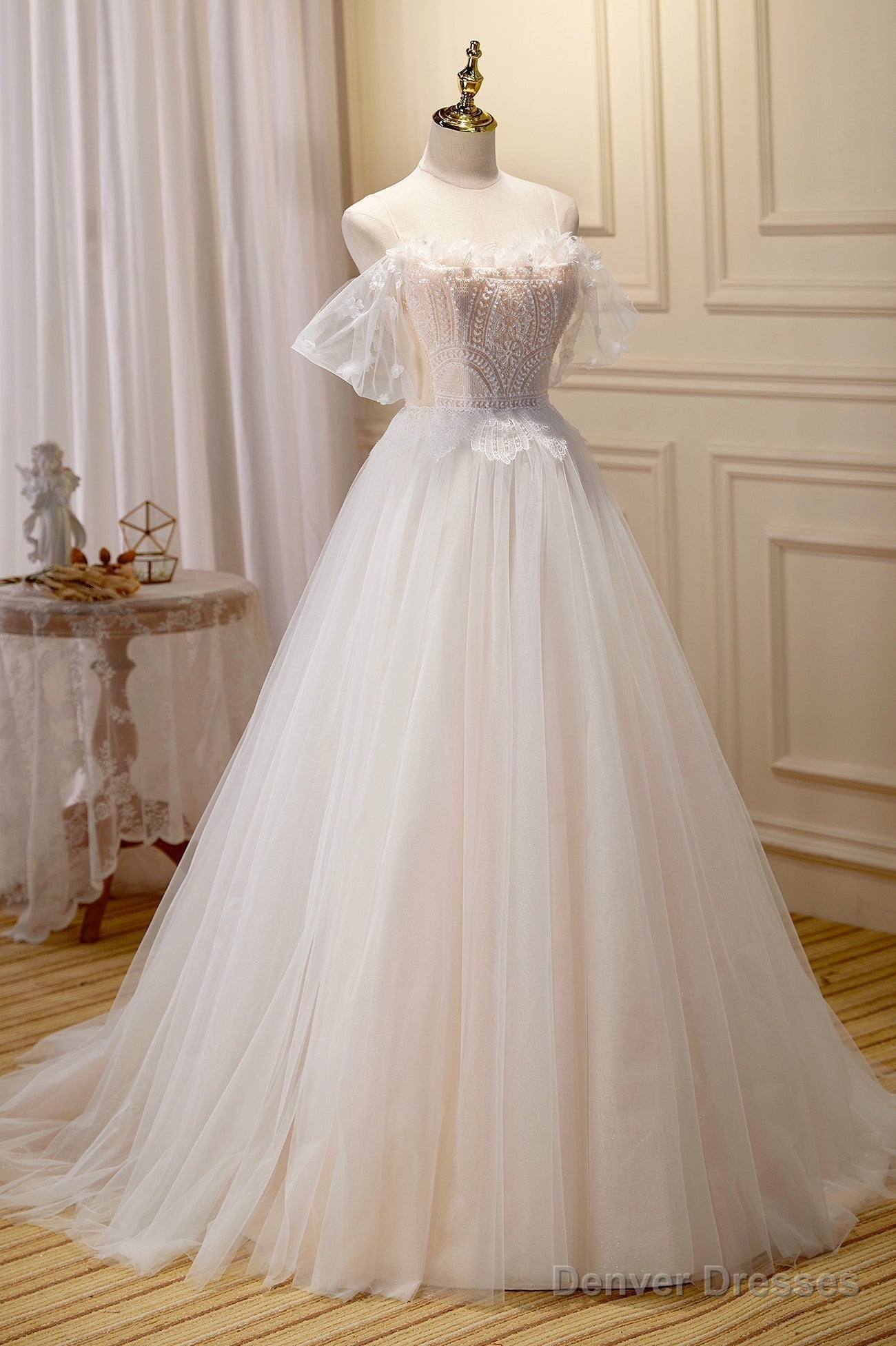 Champagne Lace Long A-line Prom Dress, Off the Shoulder Evening Dress Main image