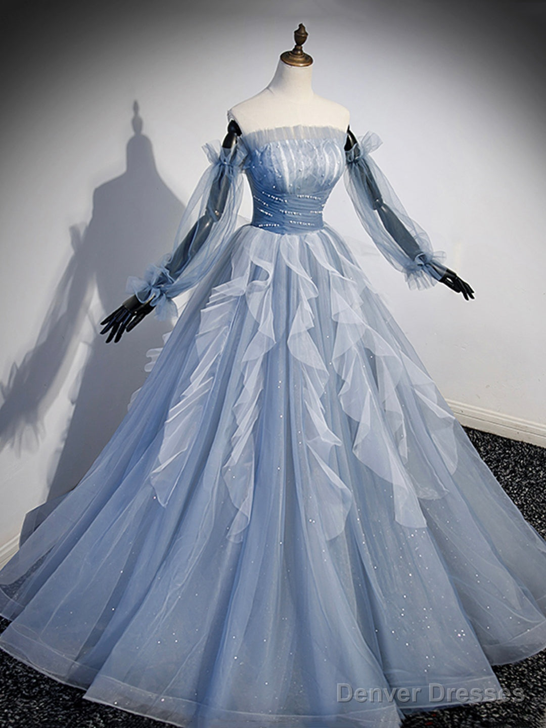 Blue Strapless Tulle Long Prom Dress, Chic A-Line Formal Dress with Long Sleeves Main image