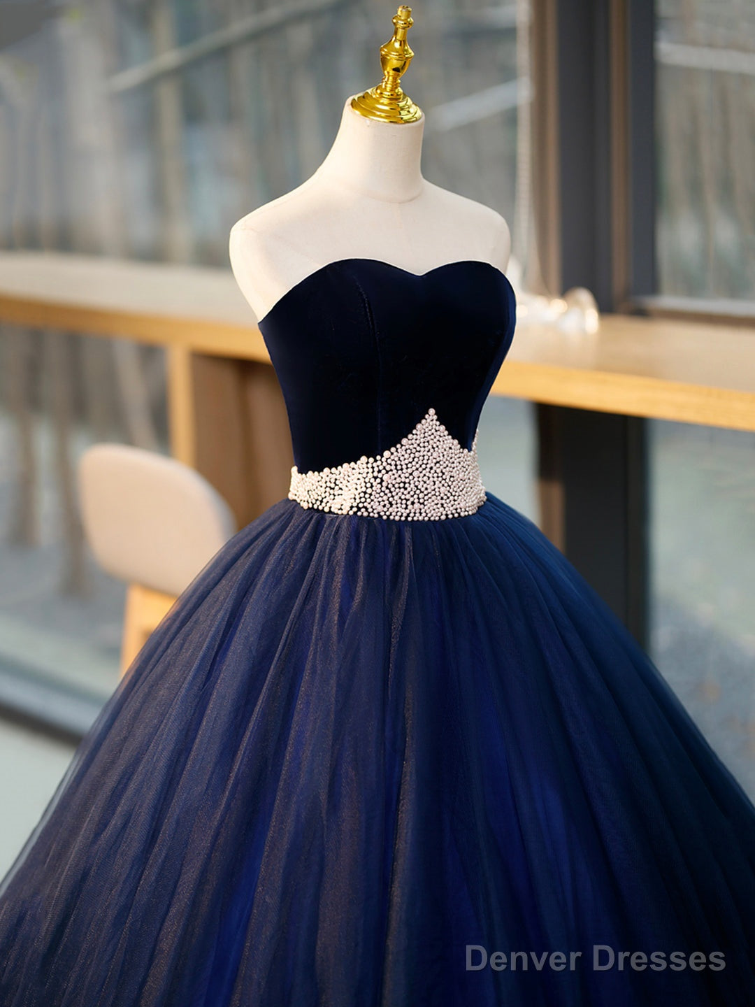 Blue Tulle Long Formal Dress with Velvet, Blue Sweetheart Neck Prom Dress Secondary image