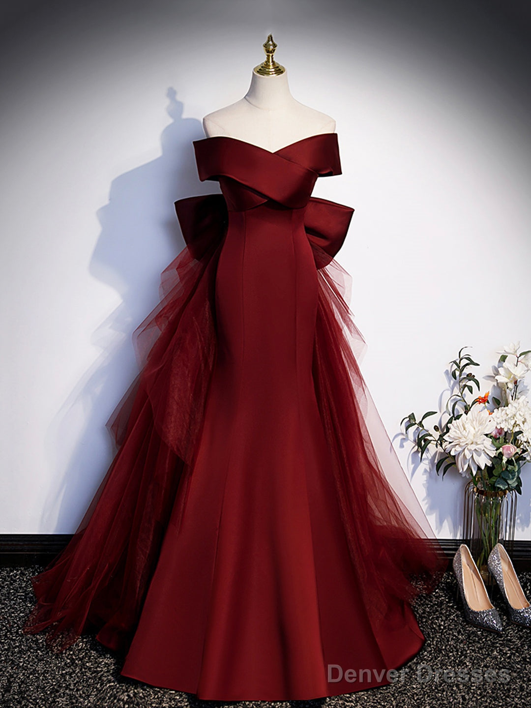 Burgundy V-Neck Satin Long Prom Dress, Mermaid Off Shoulder Evening Dress with Bow Main image