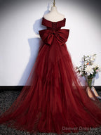 Burgundy V-Neck Satin Long Prom Dress, Mermaid Off Shoulder Evening Dress with Bow