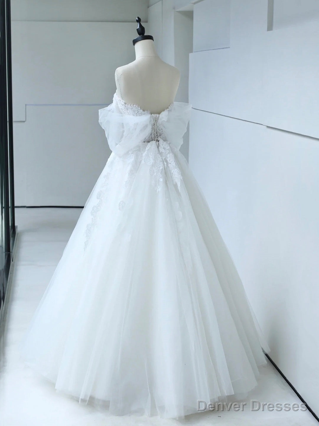 White Tulle Lace Long Prom Dress with Corset, Off the Shoulder Sweetheart Evening Dress Secondary image