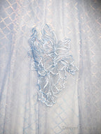 Blue Tulle Lace Long Prom Dress, Shiny A-Line Short Sleeve Evening Dress