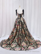 Black Floral Floor Length Prom Dress, A-Line Black Evening Dress