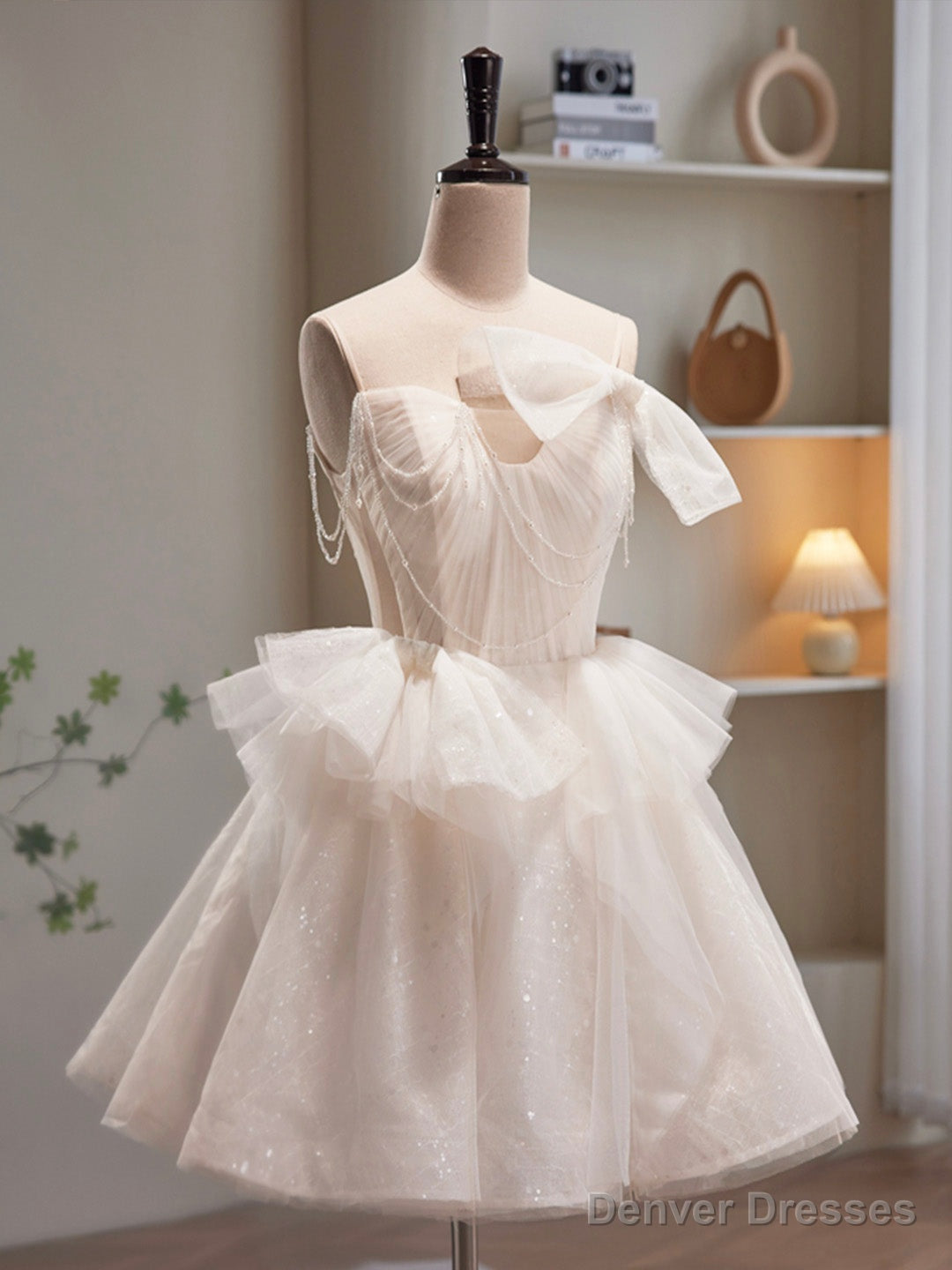Champagne Spaghetti Strap Tulle Short Prom Dress, Cute A-Line Homecoming Dress Secondary image