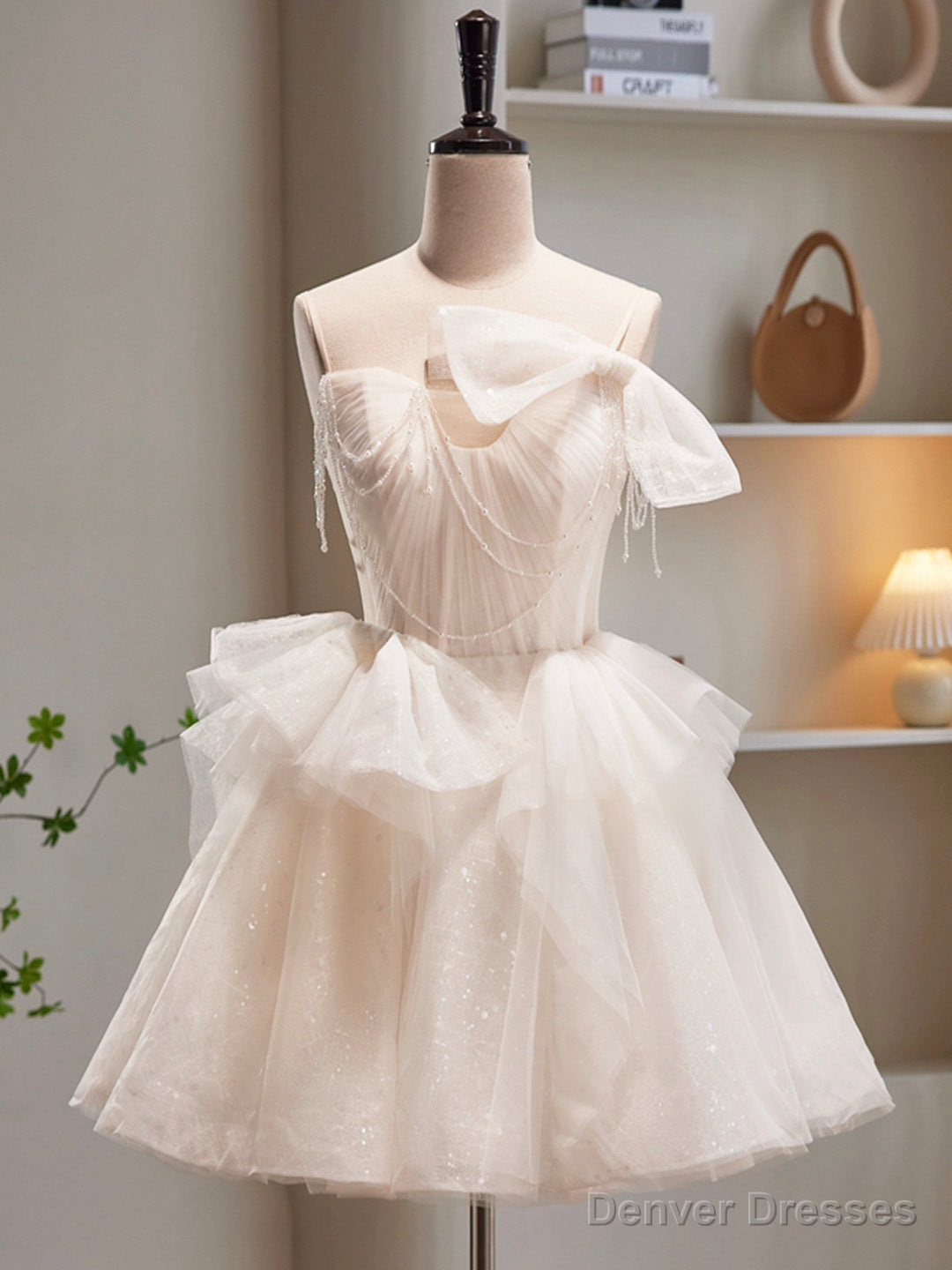 Champagne Spaghetti Strap Tulle Short Prom Dress, Cute A-Line Homecoming Dress Main image