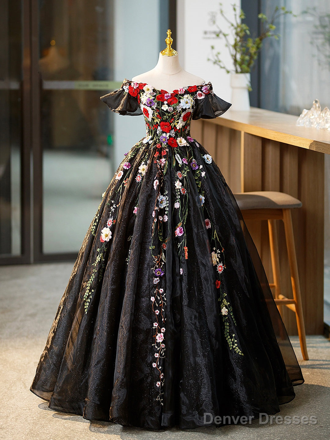 Black Tulle Long Prom Dress with Lace Flowers, Beautiful Off Shoulder Evening Gown Main image