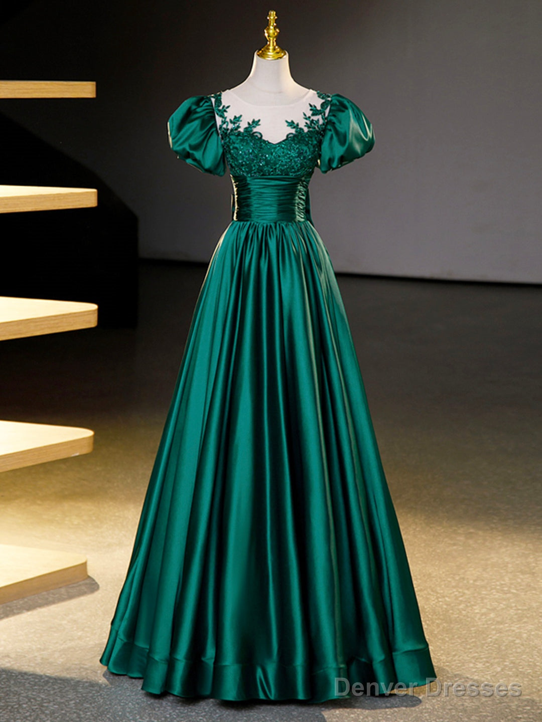 Green Satin Lace Floor Length Formal Dress, Short Sleeve A-Line Evening Dress