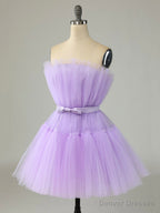 Purple Strapless Tulle Knee Length Party Dress, A-Line Homecoming Dress