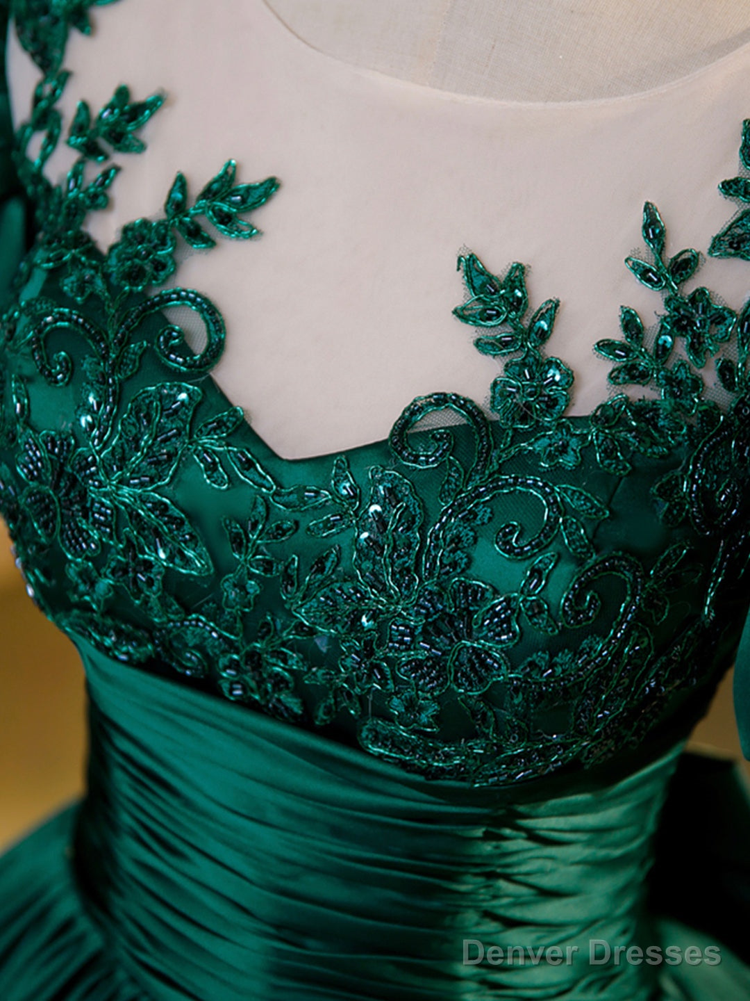 Green Satin Lace Floor Length Formal Dress, Short Sleeve A-Line Evening Dress