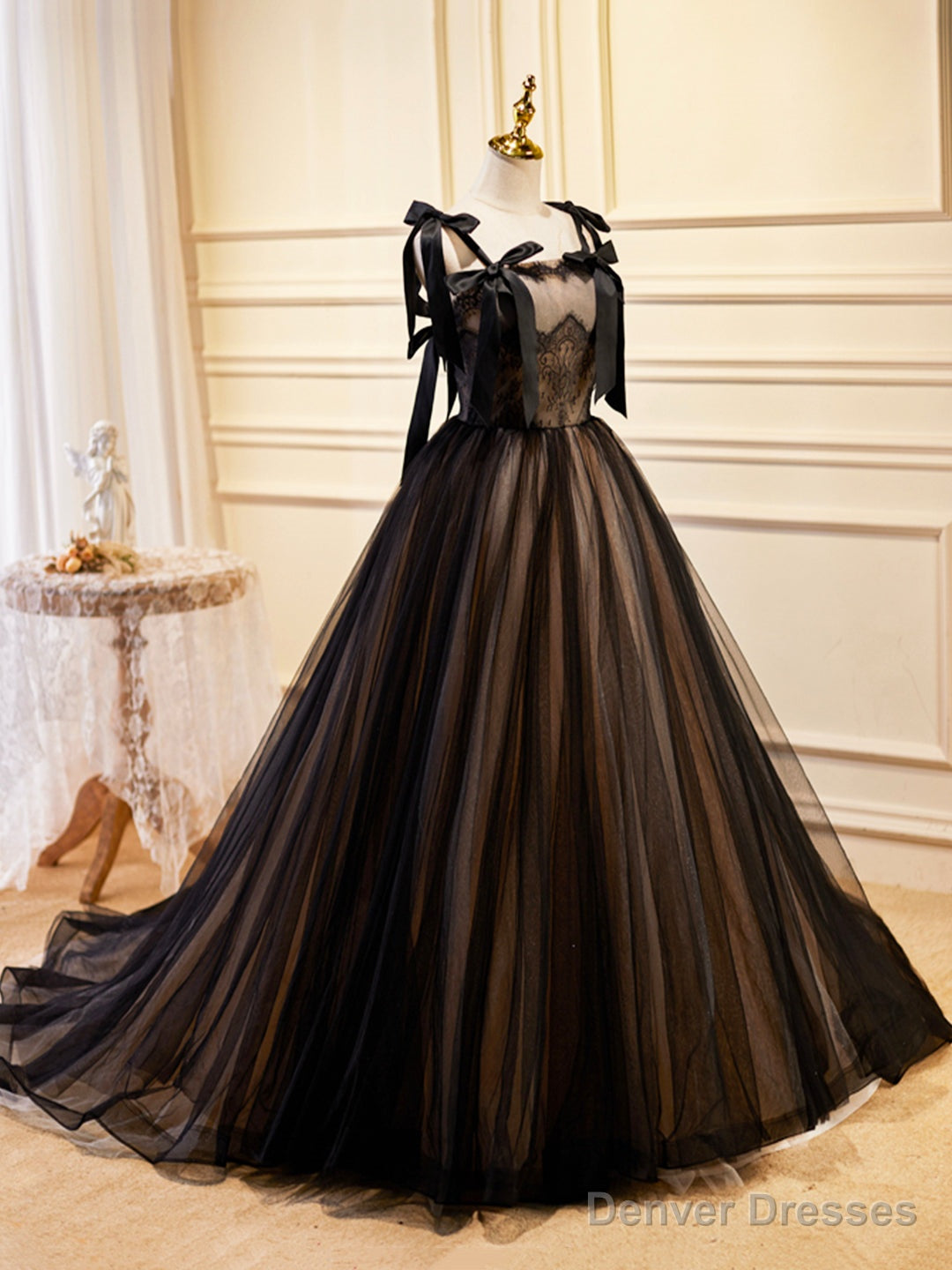 Black Tulle Lace Long Prom Dress, Black Evening Party Dress Main image