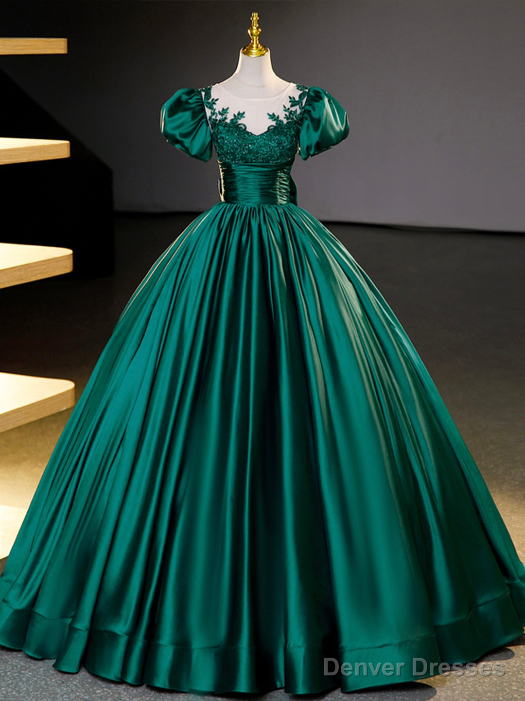 Green Satin Lace Floor Length Formal Dress, Short Sleeve A-Line Evening Dress Main image
