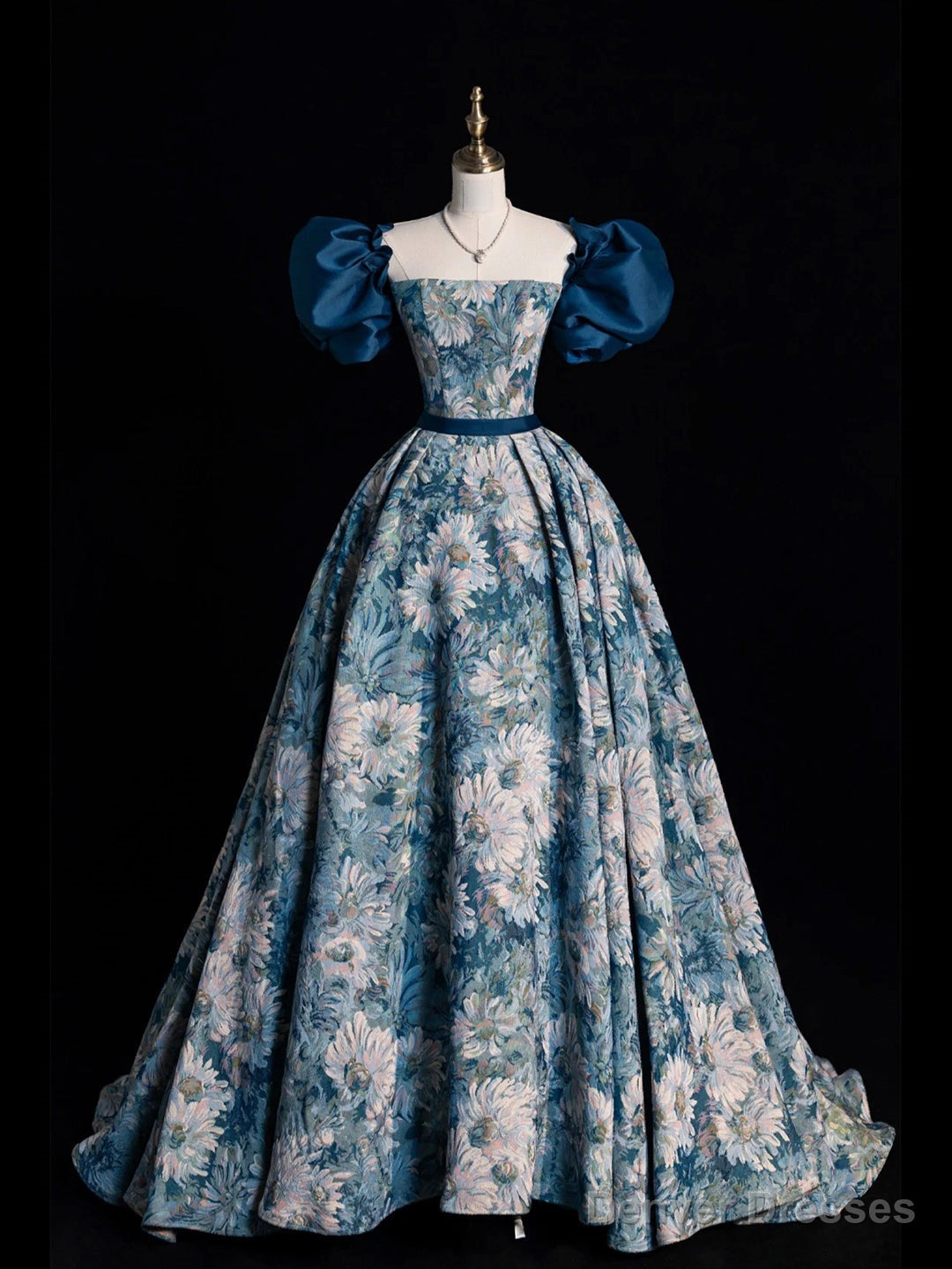 Blue Printed Long Ball Gown, Elegant A-Line Short Sleeve Evening Dress Main image