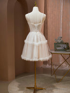 Champagne Spaghetti Strap Party Dress, Cute A-Line Evening Dress with Pearls