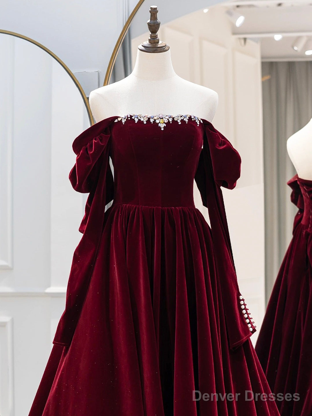 Burgundy Velvet Long Formal Dress, Elegant Long Sleeve A-Line Prom Dress