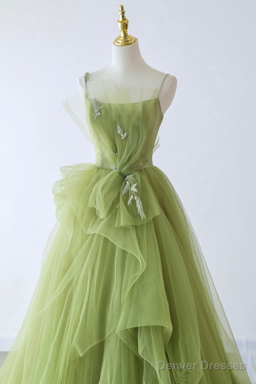 Green Spaghetti Strap Tulle Long Formal Evening Dress, Green A-Line Prom Dress Secondary image