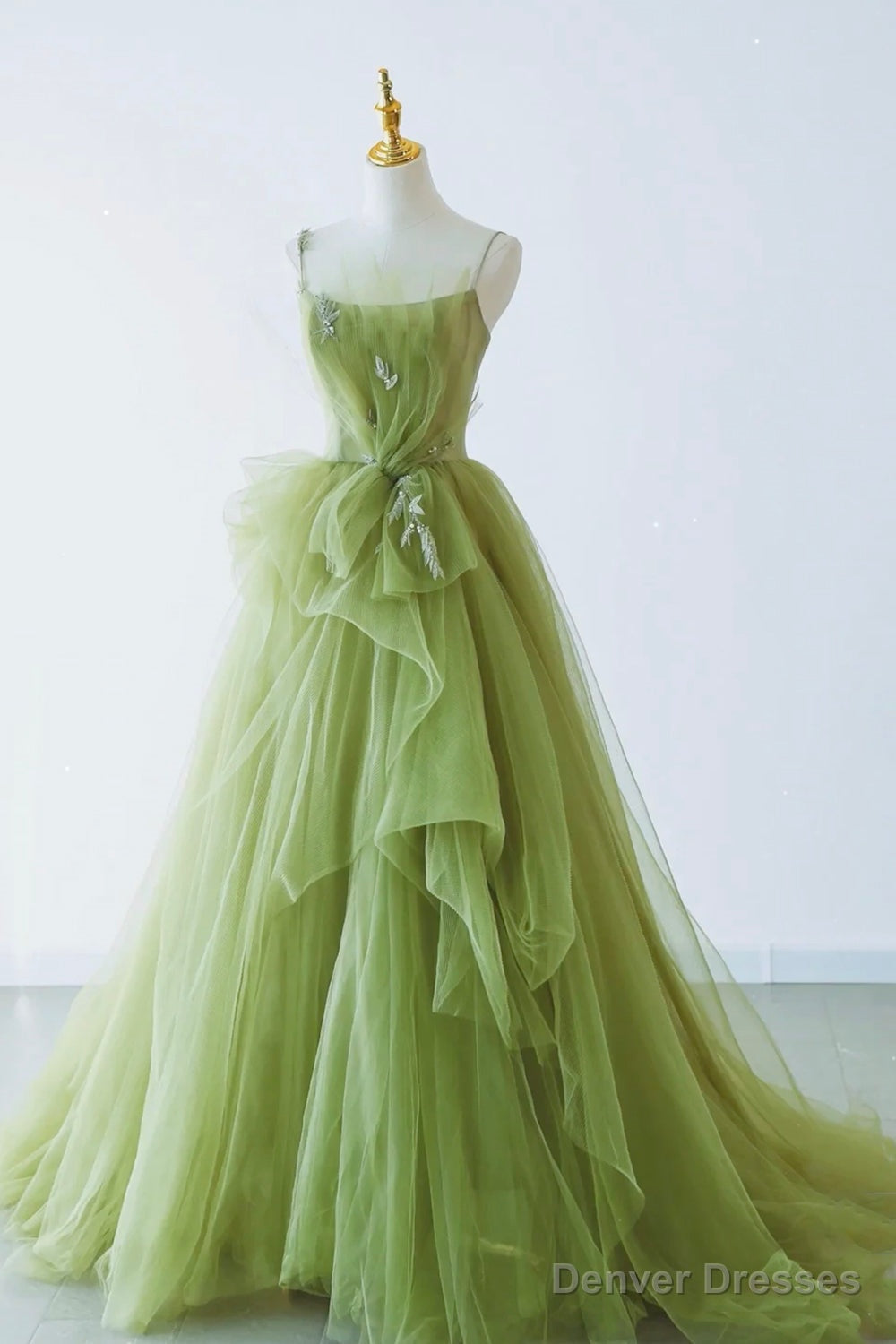 Green Spaghetti Strap Tulle Long Formal Evening Dress, Green A-Line Prom Dress Main image