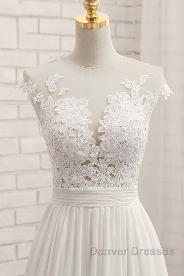 Long A-line Appliques Lace Chiffon Wedding Dress with Slit