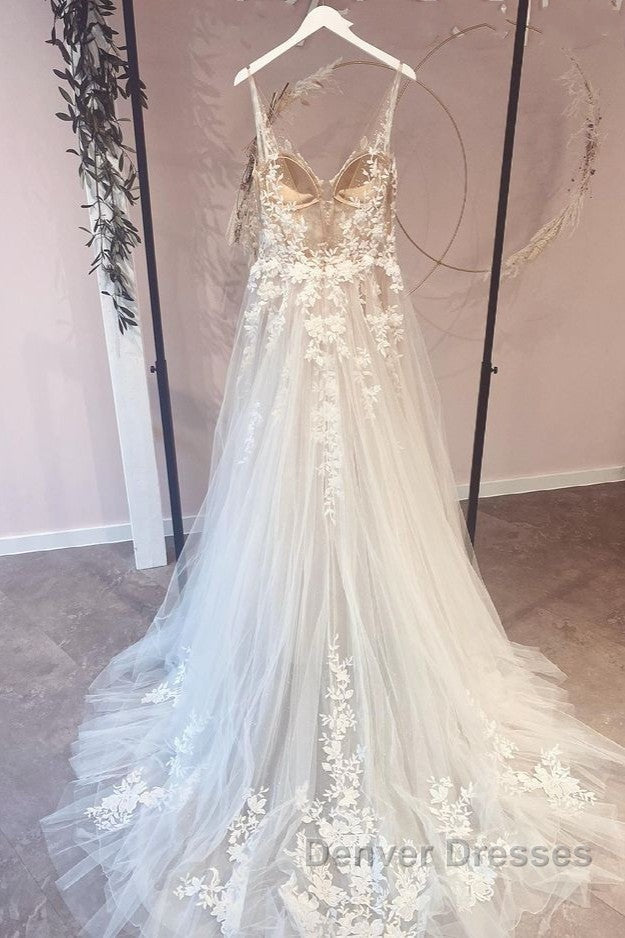 Long A-Line Appliques Lace Spaghetti Straps Sweetheart Tulle Wedding Dress Secondary image