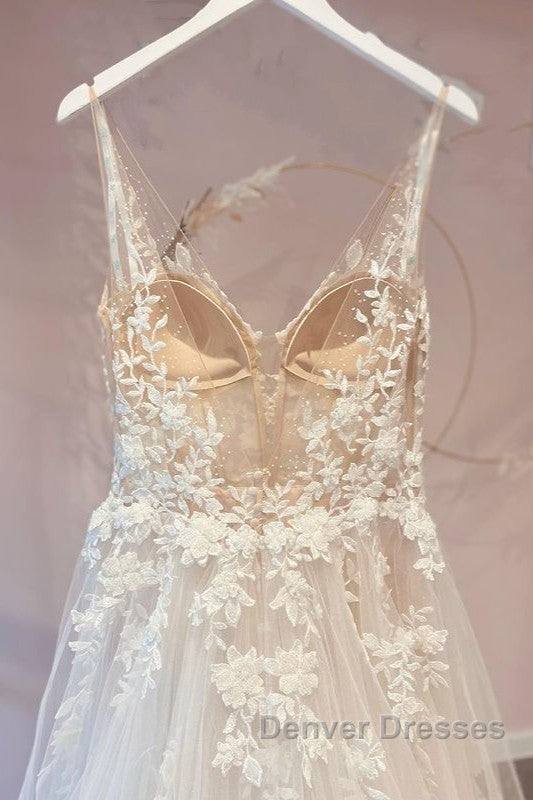 Long A-Line Appliques Lace Spaghetti Straps Sweetheart Tulle Wedding Dress