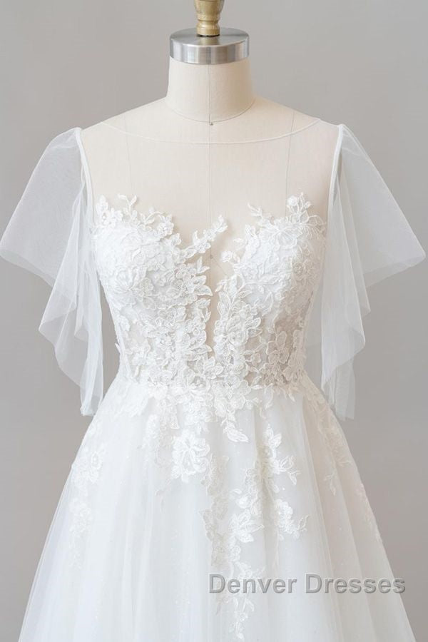 Long A-line Appliques Lace Tulle Wedding Dress with Sleeves