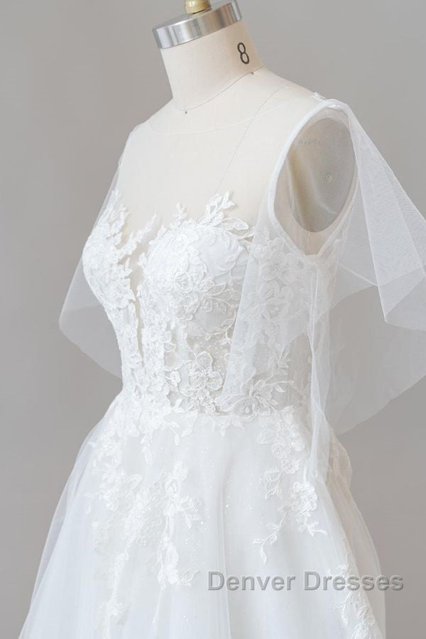 Long A-line Appliques Lace Tulle Wedding Dress with Sleeves