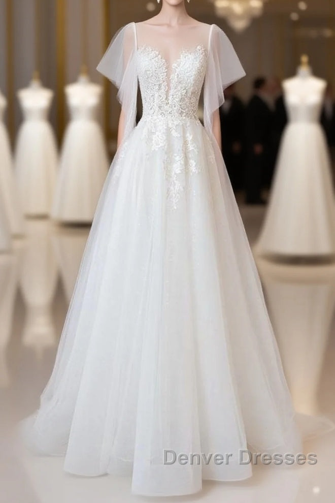 Long A-line Appliques Lace Tulle Wedding Dress with Sleeves Main image