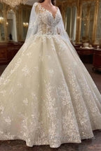 Long A-line Bateau Appliques Lace Sequins Tulle Wedding Dress