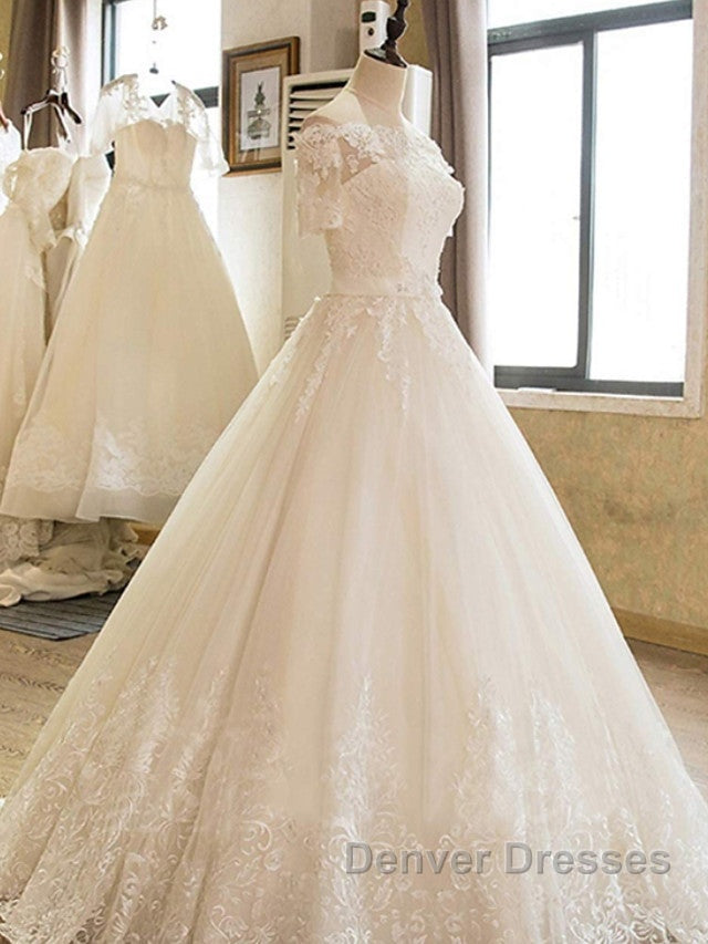 Long A-line Off Shoulder Court Train Lace Tulle Wedding Dress with Sleeves