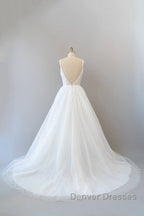 Long A-line Open Back Sequins Tulle Backless Wedding Dress