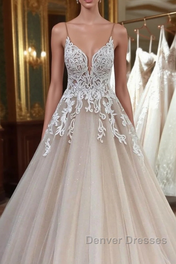 Long A-Line Sequin Tulle Spaghetti Straps Appliques Lace Wedding Dress Main image