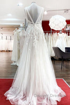 Long A-line Sleeveless Tulle Lace Appliques Open Back Wedding Dress