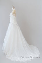 Long A-line Spaghetti Strap Applique Tulle Backless Wedding Dress