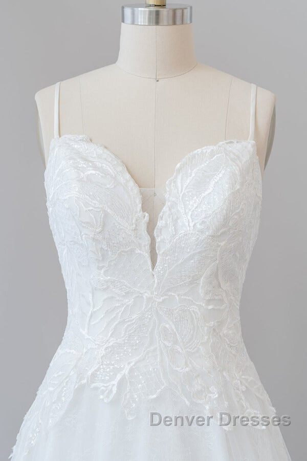 Long A-line Spaghetti Strap Applique Tulle Backless Wedding Dress