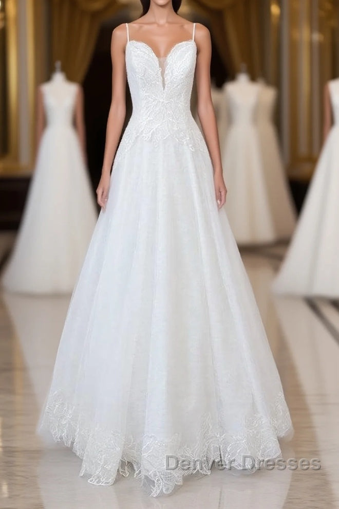Long A-line Spaghetti Strap Applique Tulle Backless Wedding Dress Main image