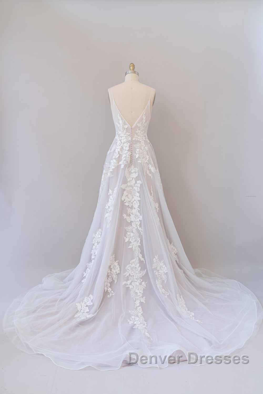 Long A-line Spaghetti Strap Lace Appliques Tulle Backless Wedding Dress Secondary image