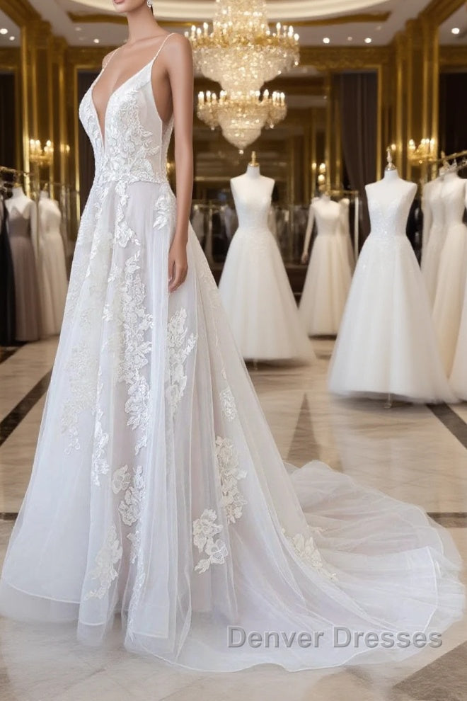 Long A-line Spaghetti Strap Lace Appliques Tulle Backless Wedding Dress Main image