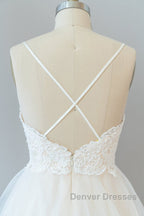 Long A-line Spaghetti Strap Lace Tulle Backless Wedding Dress