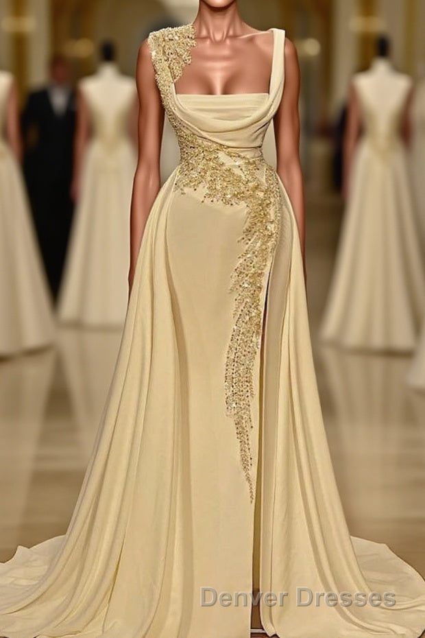 Long A-Line Square Neckline Satin Ivory Prom Dress With Slit Main image