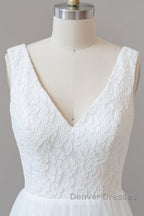 Long A-line Straps V-neck Chiffon Open Back Wedding Dress