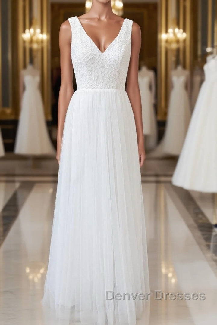 Long A-line Straps V-neck Chiffon Open Back Wedding Dress