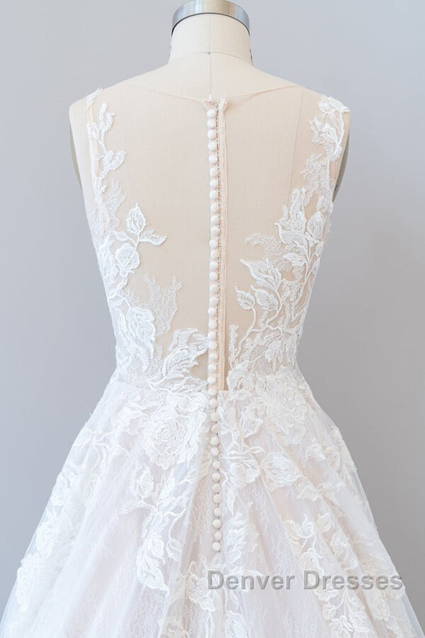 Long A-line Sweetheart Appliques Lace Tulle Wedding Dress