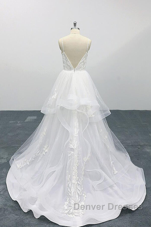 Long A-line Sweetheart Appliques Spaghetti Strap Tulle Wedding Dress