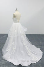 Long A-line Sweetheart Appliques Spaghetti Strap Tulle Wedding Dress