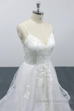 Long A-line Sweetheart Appliques Spaghetti Strap Tulle Wedding Dress